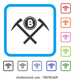 Bitcoin Mining Hammers icon. Flat grey pictogram symbol in a blue rounded squared frame. Black, gray, green, blue, red, orange color variants of Bitcoin Mining Hammers vector.
