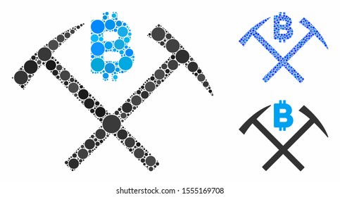 Bitcoin mining hammers mosaic of circle elements in different sizes and color tinges, based on Bitcoin mining hammers icon. Vector round elements are organized into blue collage.