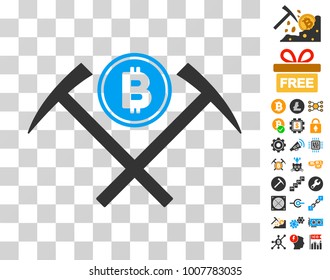 Bitcoin Mining Hammers pictograph with bonus bitcoin mining and blockchain images. Vector illustration style is flat iconic symbols. Designed for blockchain websites.