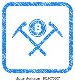 Bitcoin Mining Hammers rubber seal stamp watermark. Icon vector symbol with grunge design and dust texture in rounded square. Scratched blue sticker on a white background.