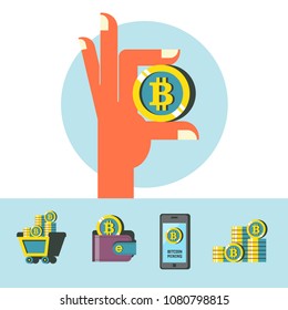 Bitcoin mining. Hand holds a large coin bitcoin. Wallet with bitcoin. Stack of coins. Trolley with bitcoins. Mobile application in the smartphone bitcoin mining.