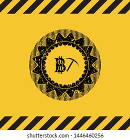 bitcoin mining icon black grunge emblem, yellow warning sign. Vector Illustration. Detailed.