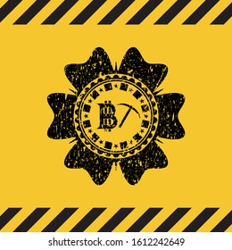 bitcoin mining icon black grunge emblem inside yellow warning sign. Vector Illustration. Detailed.