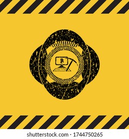 Das schwarze Grunge-Emblem des Bitcoin-Minen-Ikone ist in einem gelben Warnschild dargestellt. Vector Illustration. Im Detail. 