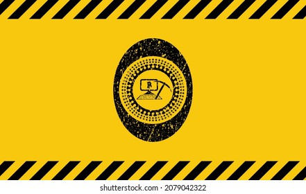 bitcoin mining icon black grunge emblem, yellow warning sign. Vector Illustration. Detailed. 