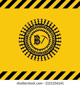 bitcoin mining icon black grunge emblem with yellow background. Vector Illustration. Detailed. 