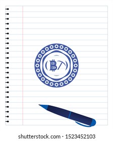 bitcoin mining icon blue ink pen emblem. Vector Illustration. Detailed.