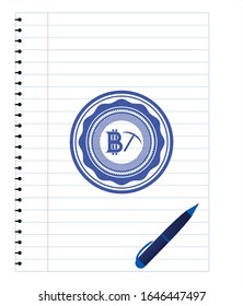 emblema de la pluma de tinta azul con icono de minería de bitcoin. Ilustración vectorial. Detallado.