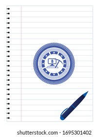 bitcoin mining icon blue ink pen emblem. Vector Illustration. Detailed.