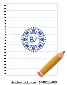 bitcoin mining icon draw (pen strokes). Blue ink. Vector Illustration. Detailed.