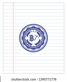 bitcoin mining icon drawn with pen. Blue ink. Vector Illustration. Detailed.