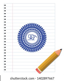 bitcoin mining icon drawn with pen. Blue ink. Vector Illustration. Detailed.