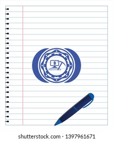 bitcoin mining icon emblem draw with pen effect. Blue ink. Vector Illustration. Detailed.