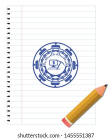 bitcoin mining icon emblem draw with pen effect. Blue ink. Vector Illustration. Detailed.
