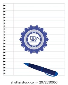 bitcoin mining icon emblem draw with pen effect. Blue ink. Vector Illustration. Detailed. 