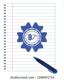 bitcoin mining icon emblem drawn with pen. Blue ink. Vector Illustration. Detailed.