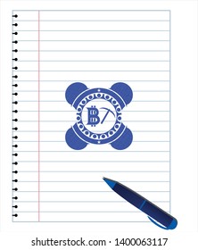 bitcoin mining icon emblem with pen effect. Blue ink. Vector Illustration. Detailed.