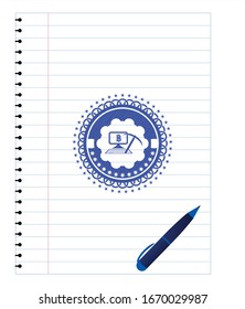 bitcoin mining icon emblem with pen effect. Blue ink. Vector Illustration. Detailed.