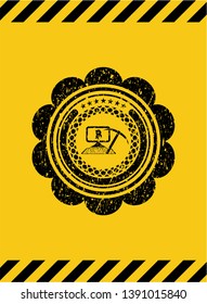 bitcoin mining icon grunge black emblem with yellow background, warning sign. Vector Illustration. Detailed.