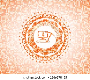 bitcoin mining icon inside abstract emblem, orange mosaic background