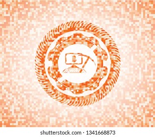 bitcoin mining icon inside abstract orange mosaic emblem with background