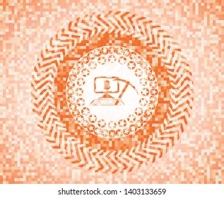 bitcoin mining icon inside abstract orange mosaic emblem