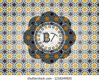 bitcoin mining icon inside arabesque style emblem. arabic decoration.