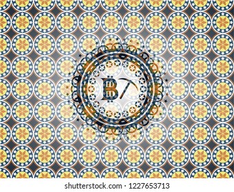 bitcoin mining icon inside arabesque style emblem. arabic decoration.