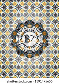 bitcoin mining icon inside arabesque badge background. arabic decoration.