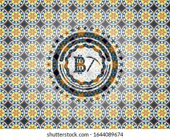 bitcoin mining icon inside arabesque badge. arabic decoration.