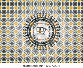 bitcoin mining icon inside arabic badge background. Arabesque decoration.