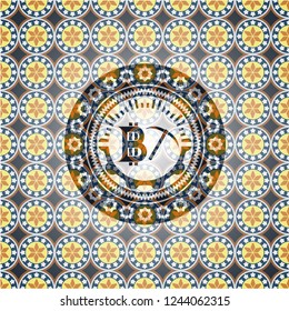 bitcoin mining icon inside arabic emblem. Arabesque decoration.