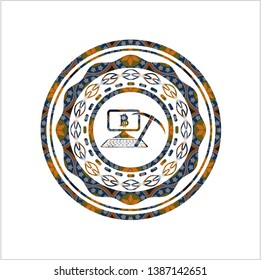 bitcoin mining icon inside arabic badge background. Arabesque decoration.