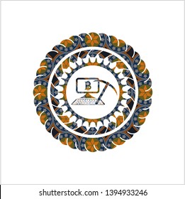 bitcoin mining icon inside arabic style emblem. Arabesque decoration.