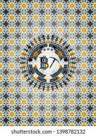 bitcoin mining icon inside arabic emblem background. Arabesque decoration.