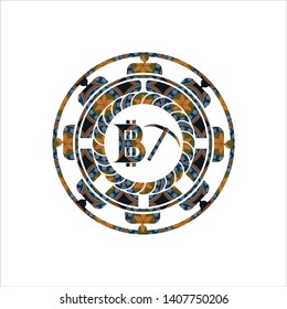 bitcoin mining icon inside arabic badge. Arabesque decoration.