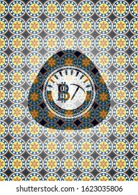 bitcoin mining icon inside arabic style emblem. Arabesque decoration.