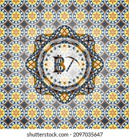 bitcoin mining icon inside arabic style badge. Arabesque decoration. 