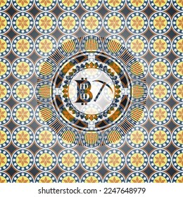 bitcoin mining icon inside arabic style badge. Arabesque decoration. 