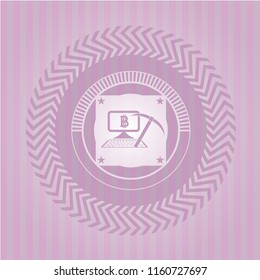bitcoin mining icon inside badge with pink background