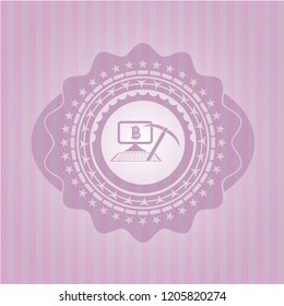 bitcoin mining icon inside badge with pink background