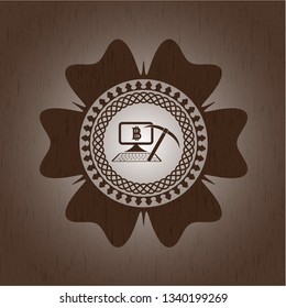 bitcoin mining icon inside badge with wooden background