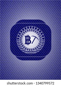 bitcoin mining icon inside badge with denim background