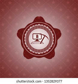 bitcoin mining icon inside badge with red background