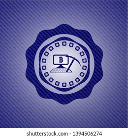 bitcoin mining icon inside badge with jean texture