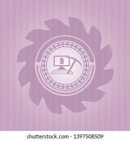 bitcoin mining icon inside badge with pink background