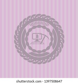 bitcoin mining icon inside badge with pink background