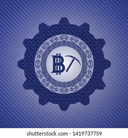 bitcoin mining icon inside badge with denim background
