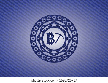 bitcoin mining icon inside badge with jean texture