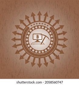 bitcoin mining icon inside badge with wood background. 